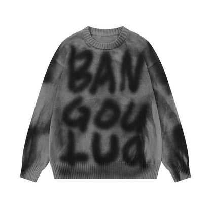 Spray painted graffiti letters round neck knitted sweater