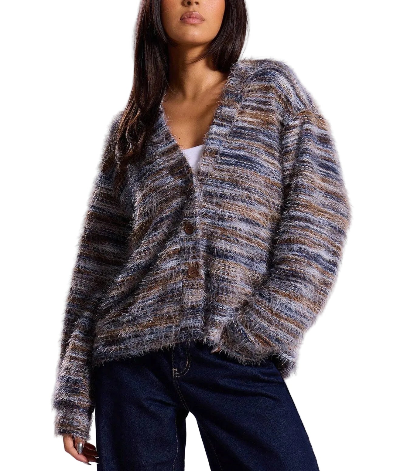 Striped V-Neck Knit Cardigan – Long Sleeve Cropped Sweater