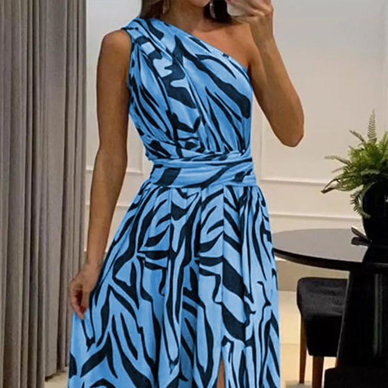 Loud back single shoulder sleeveless printed long dress for women