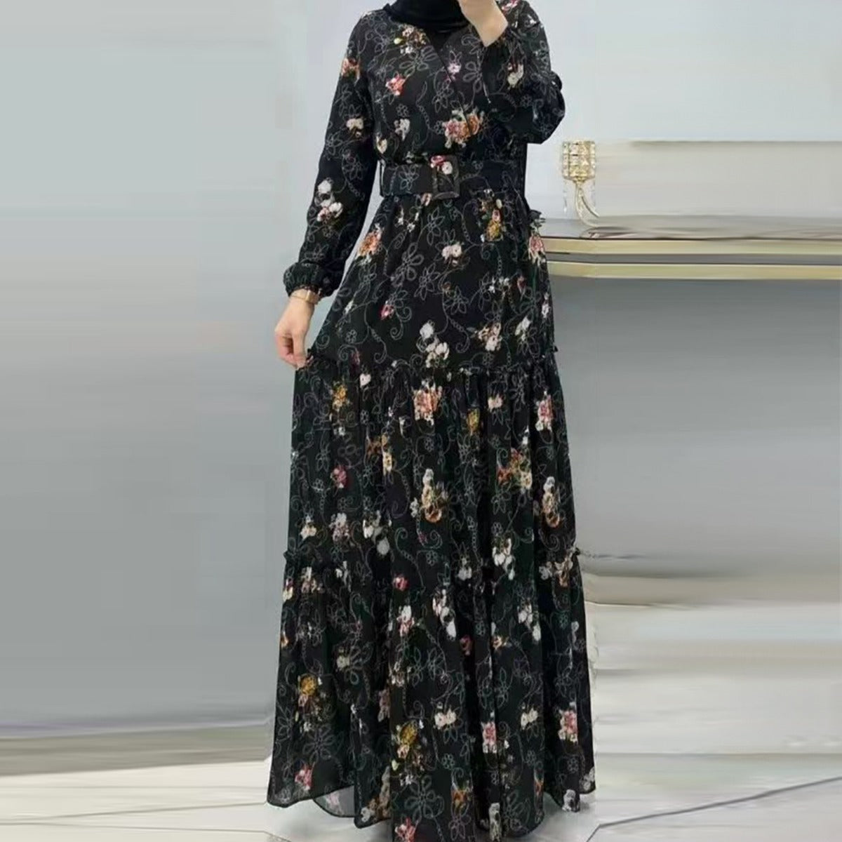 Flower high necked long dress, fashionable commuting dress