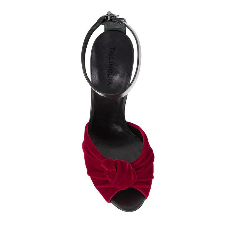Women’s Red & Black Velvet Knotted Platform High Heel Sandals