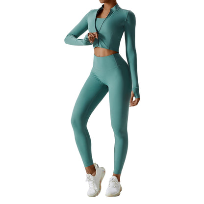 Women’s 3-Piece High-Waist Yoga Set – Nude Feel Fitness Outfit with Shockproof Bra