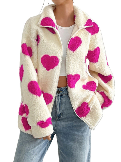 Women’s Plush “Loving Heart” Printed Coat – Cozy & Cute Outerwear