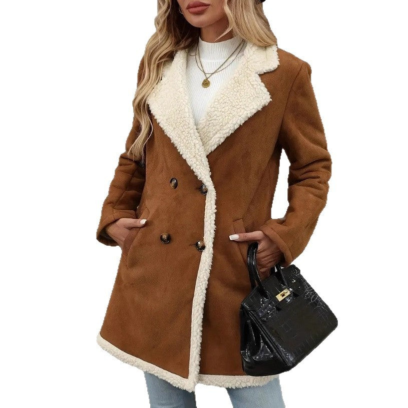 Women’s Mid-Length Fleece-Lined Suede Woolen Jacket – Casual & Warm Outerwear