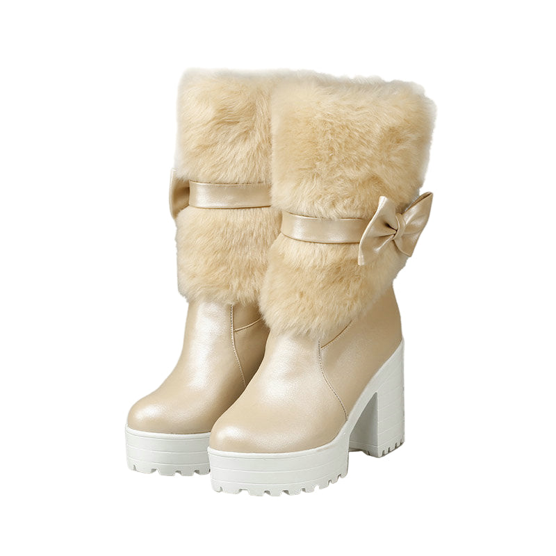 Women’s Thick Heel Snow Boots with Sweet Bow – Warm Winter Fashion