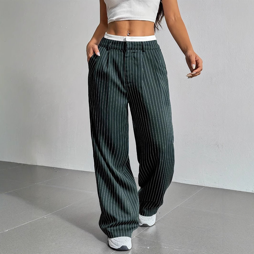 Women's High Waist Stripe Printed Straight-Leg Trousers – Casual Suit Pants with Zipper & Pockets