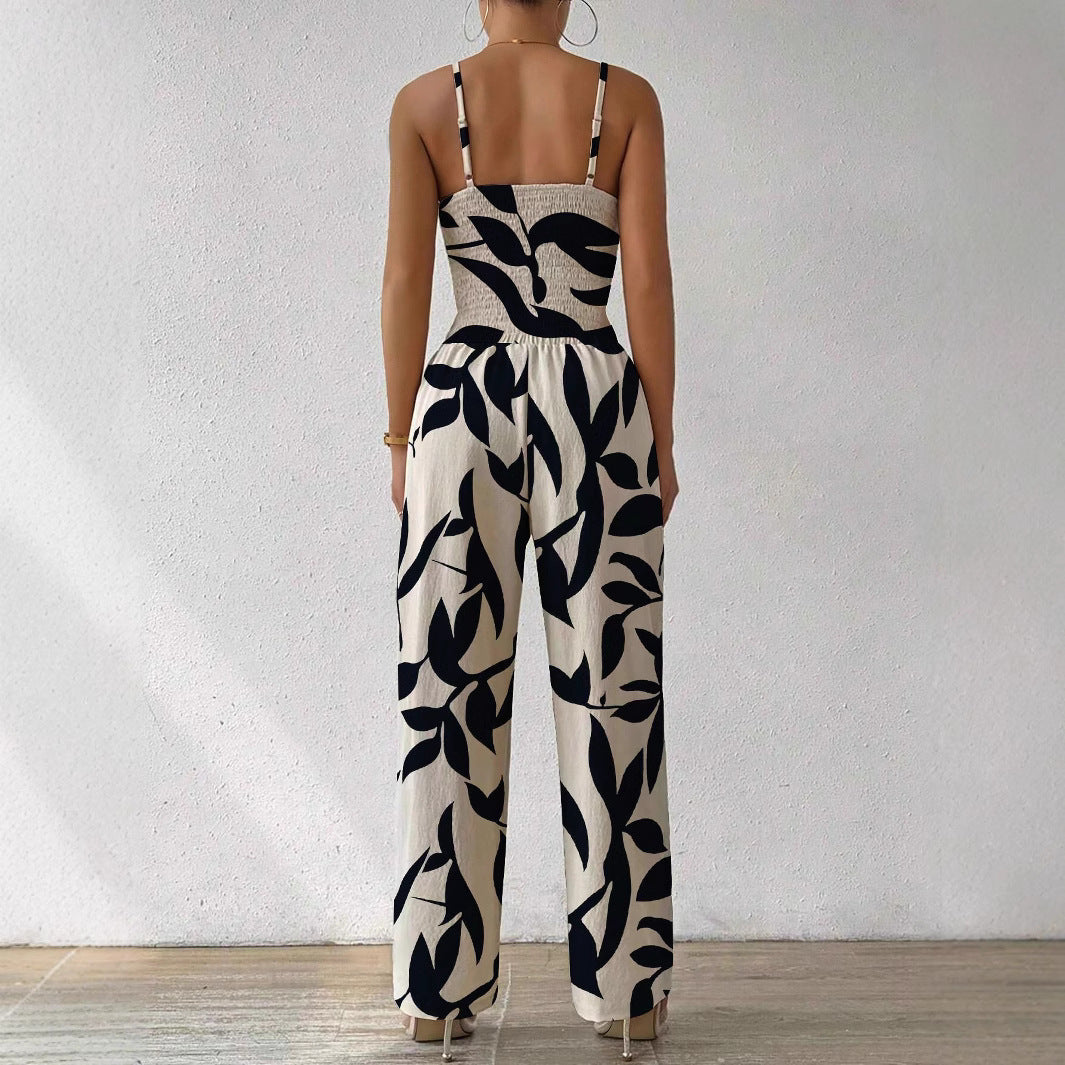 Fashion Floral Print Jumpsuit – Elegant Elastic Waist Belted One-Piece