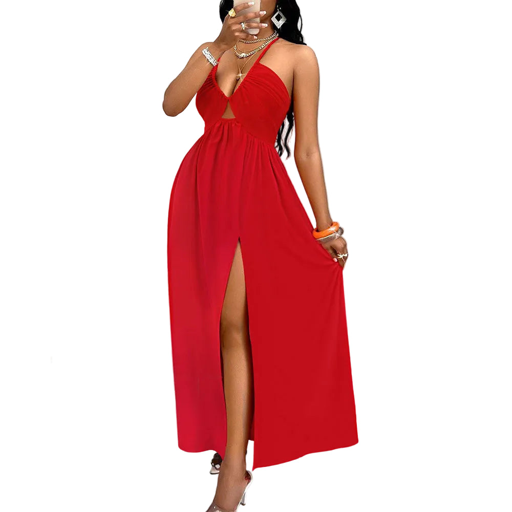 Sexy Halter Neck Drawstring V-Neck Dress for Women
