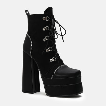 Double Waterproof Platform Super High Heel Fashion Mid rise Boots Winter New Style Square Head Thick Heel Martin Boots
