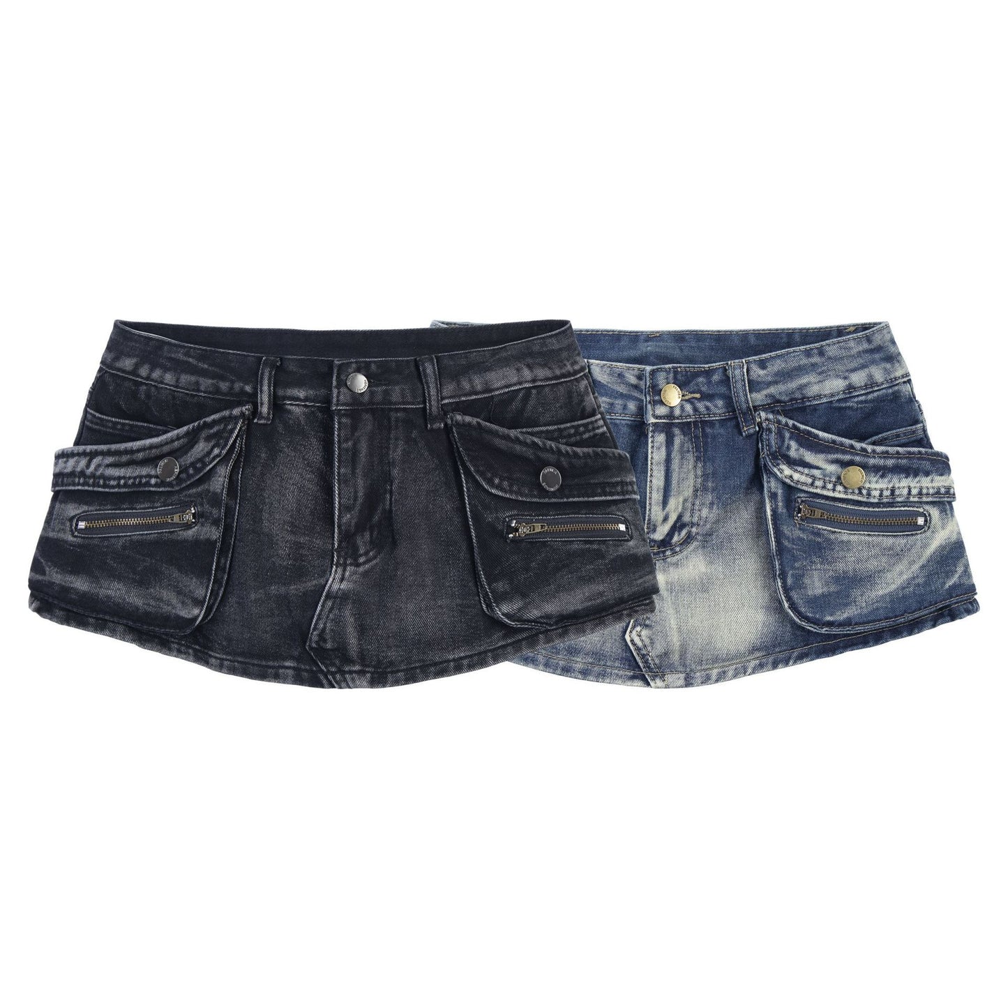 Multi pocket washed vintage denim mini skirt for women