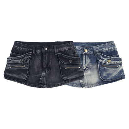 Multi pocket washed vintage denim mini skirt for women