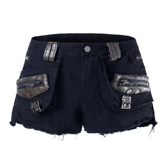 Leather buckle washed denim shorts for women