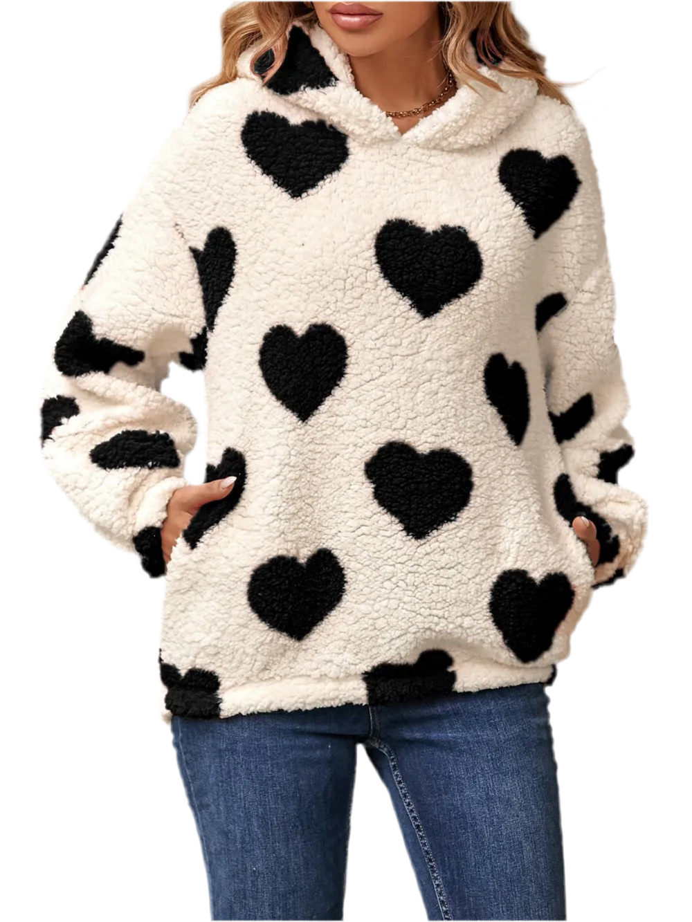 Fuzzy Heart Pocketed Dropped Shoulder Hoodie