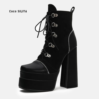 Double Waterproof Platform Super High Heel Fashion Mid rise Boots Winter New Style Square Head Thick Heel Martin Boots