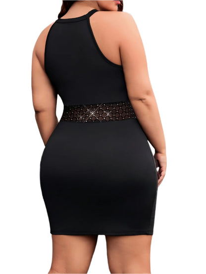 Elegant Plus Size Black Rhinestone Midi Dress