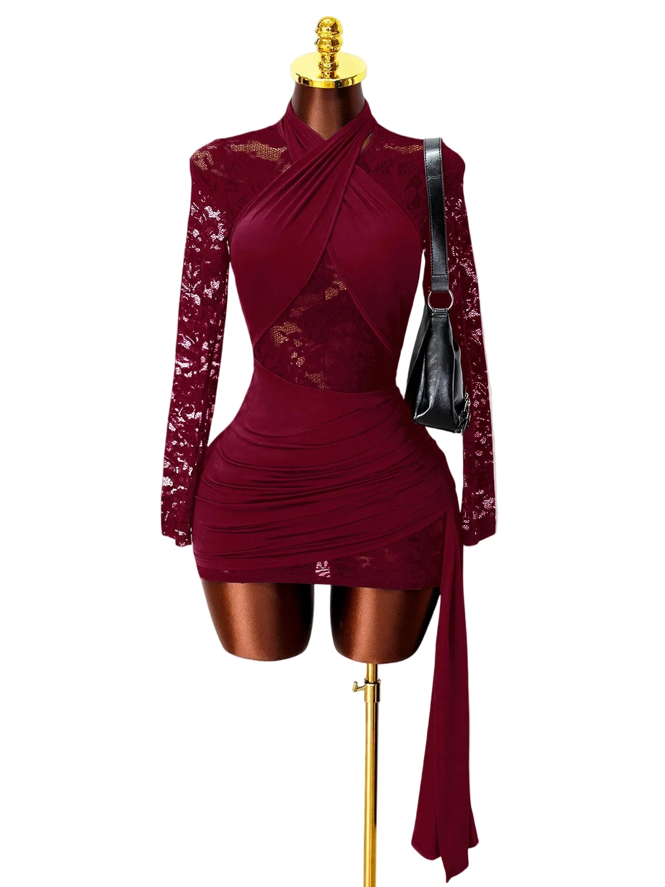 Elegant Lace Mesh Fitted Dress with Tie-Back Neckline