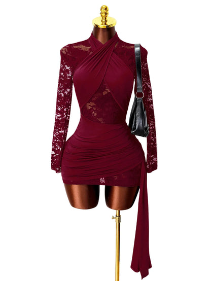 Elegant Lace Mesh Fitted Dress with Tie-Back Neckline