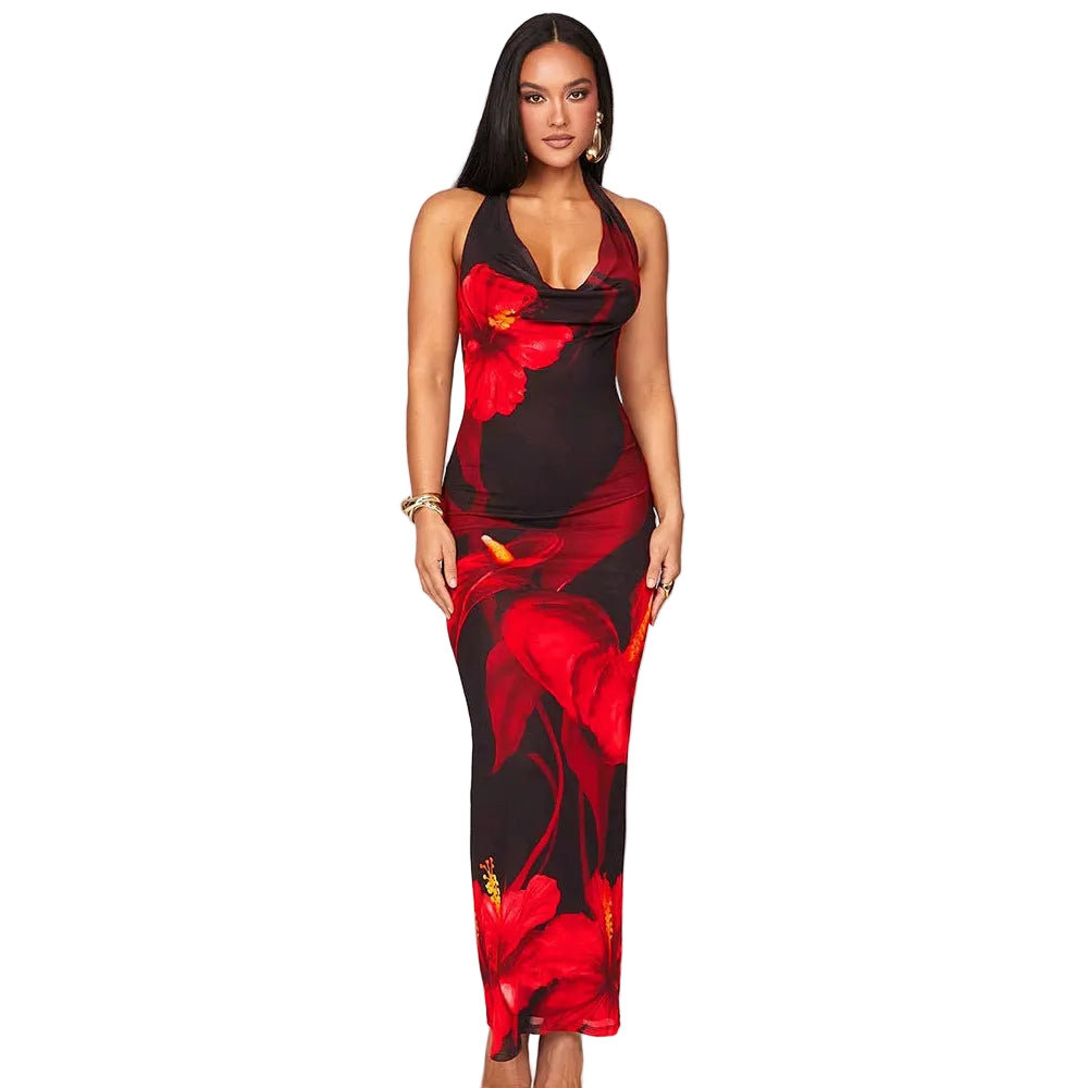 Sexy Printed Halter Neck Lace-Up Fitted Dress