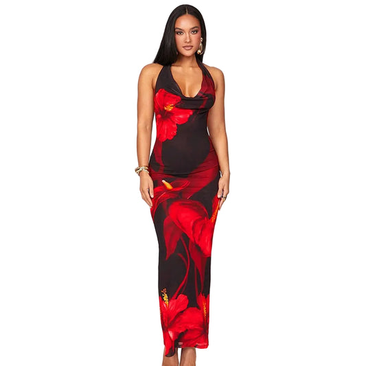 Sexy Printed Halter Neck Lace-Up Fitted Dress