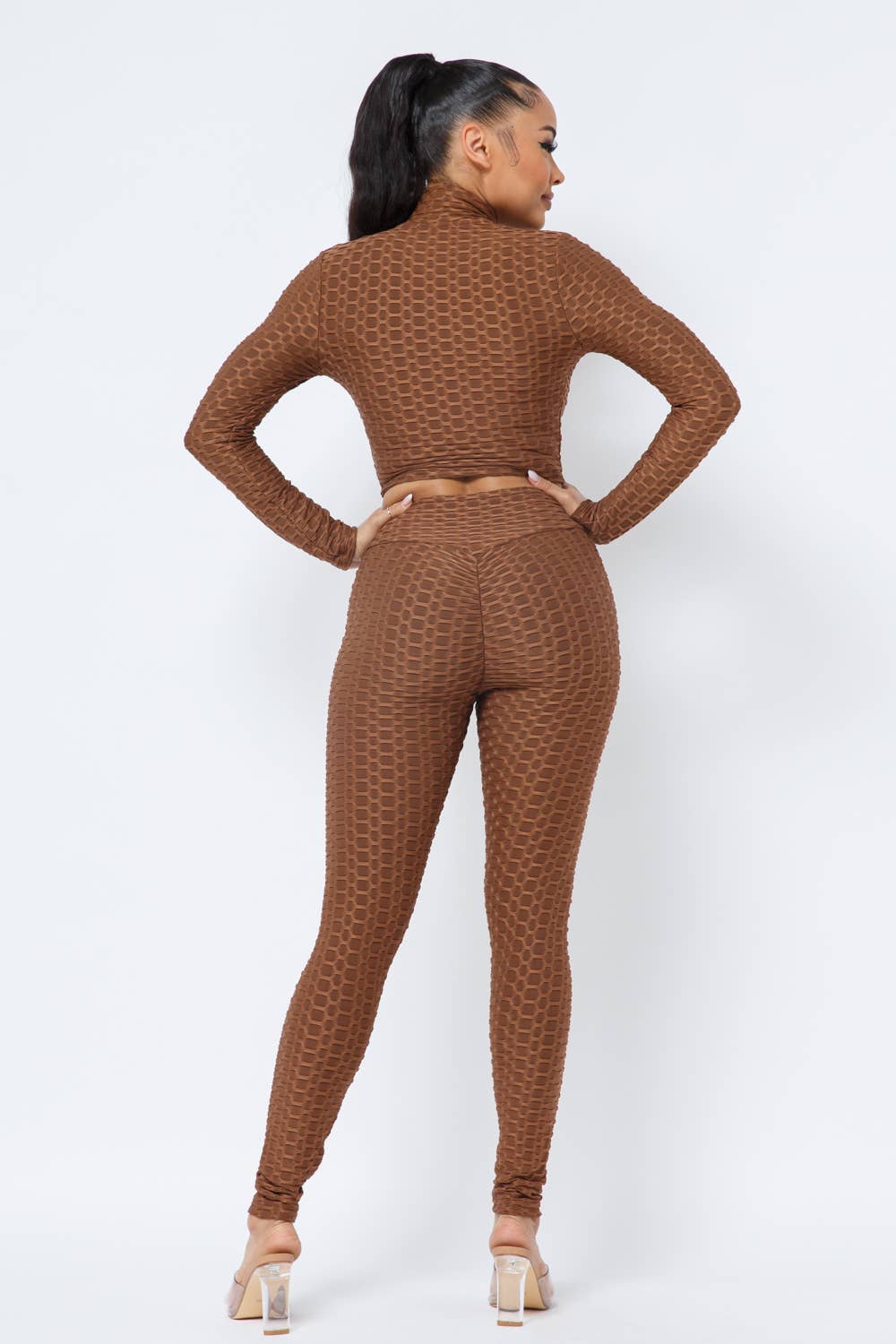 Honeycomb Mock Neck Cropped Jacket and Leggings Set