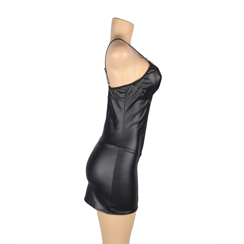 Plus Size Lace & Leather Transparent Slip Nightdress – European & American Tempting Lingerie