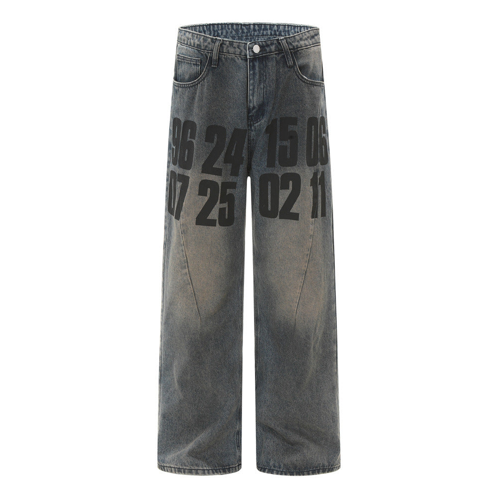 Men’s Casual Loose Fit Graphic Letter Denim Pants