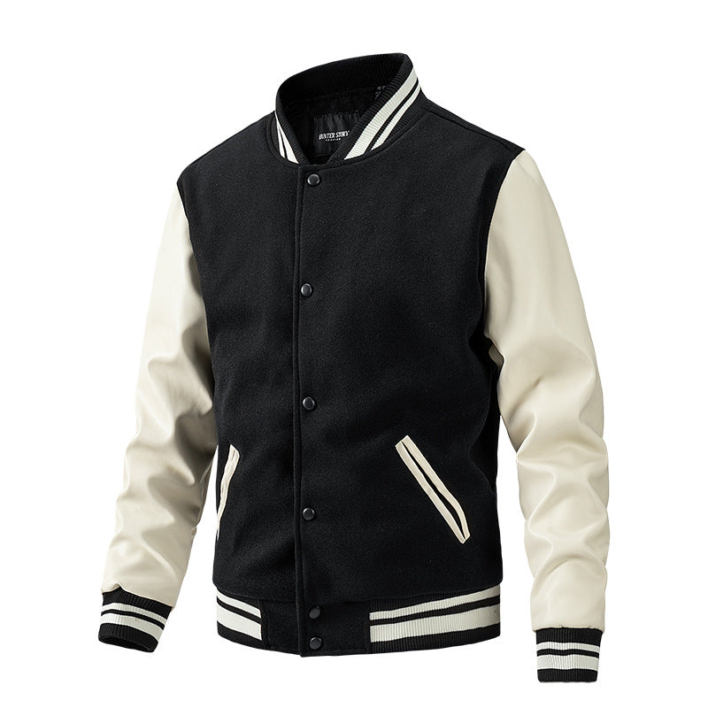 Men’s Casual Color-Block Baseball Jacket – Cotton & Wool Blend