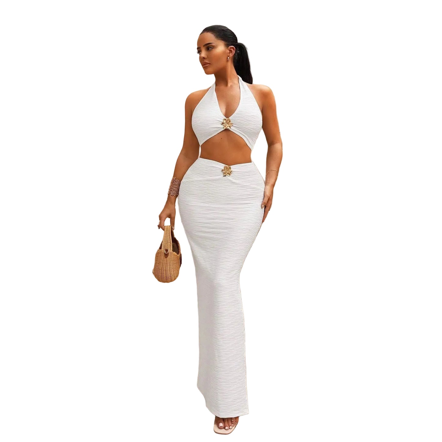 Chic Two-Piece Halter Neck Crop Top & Split Maxi Dress
