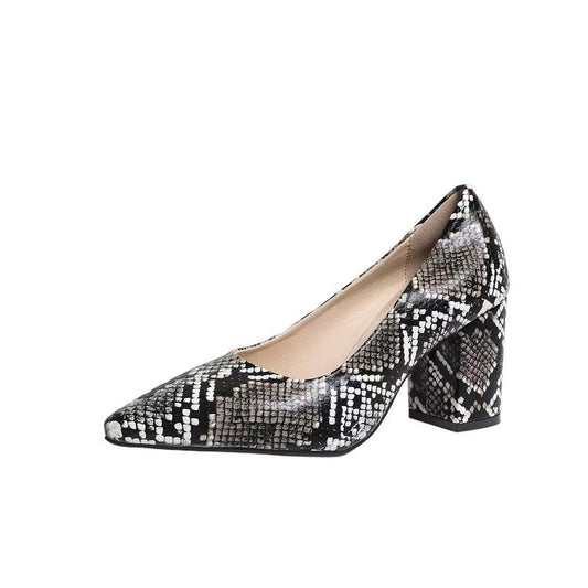 Women’s Snake Print Pointed Toe Block Heel Pumps