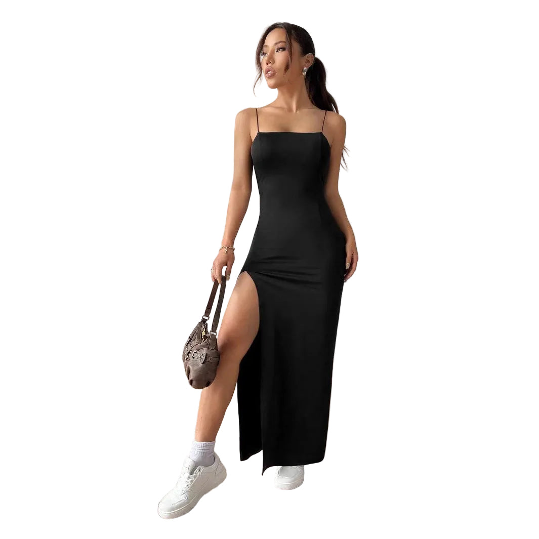 Backless Slit Maxi Dress with Thin Straps