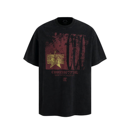 Graffiti distressed printed cotton washed short sleeved shirt