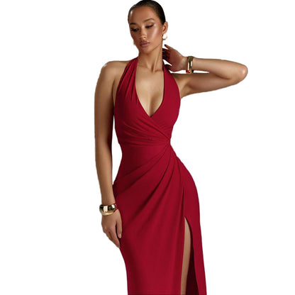 V-Neck Halter High-Slit Dress – Elegant Evening Maxi Dress for Women