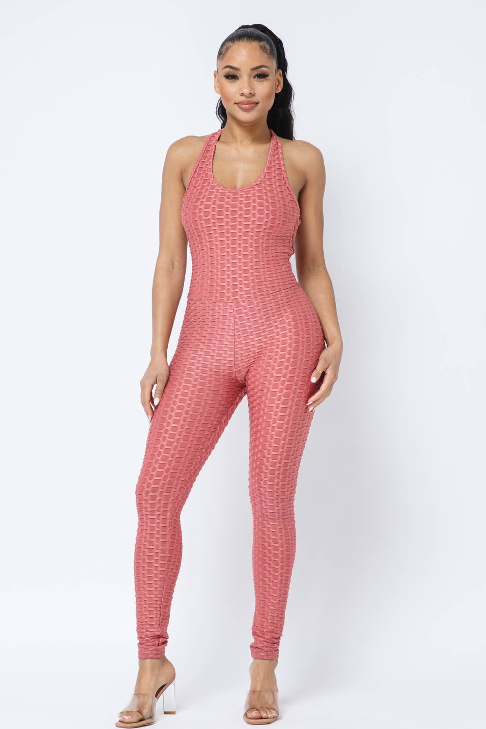 Honeycomb Cross Back Jumpsuit And Zipper Jacket Set