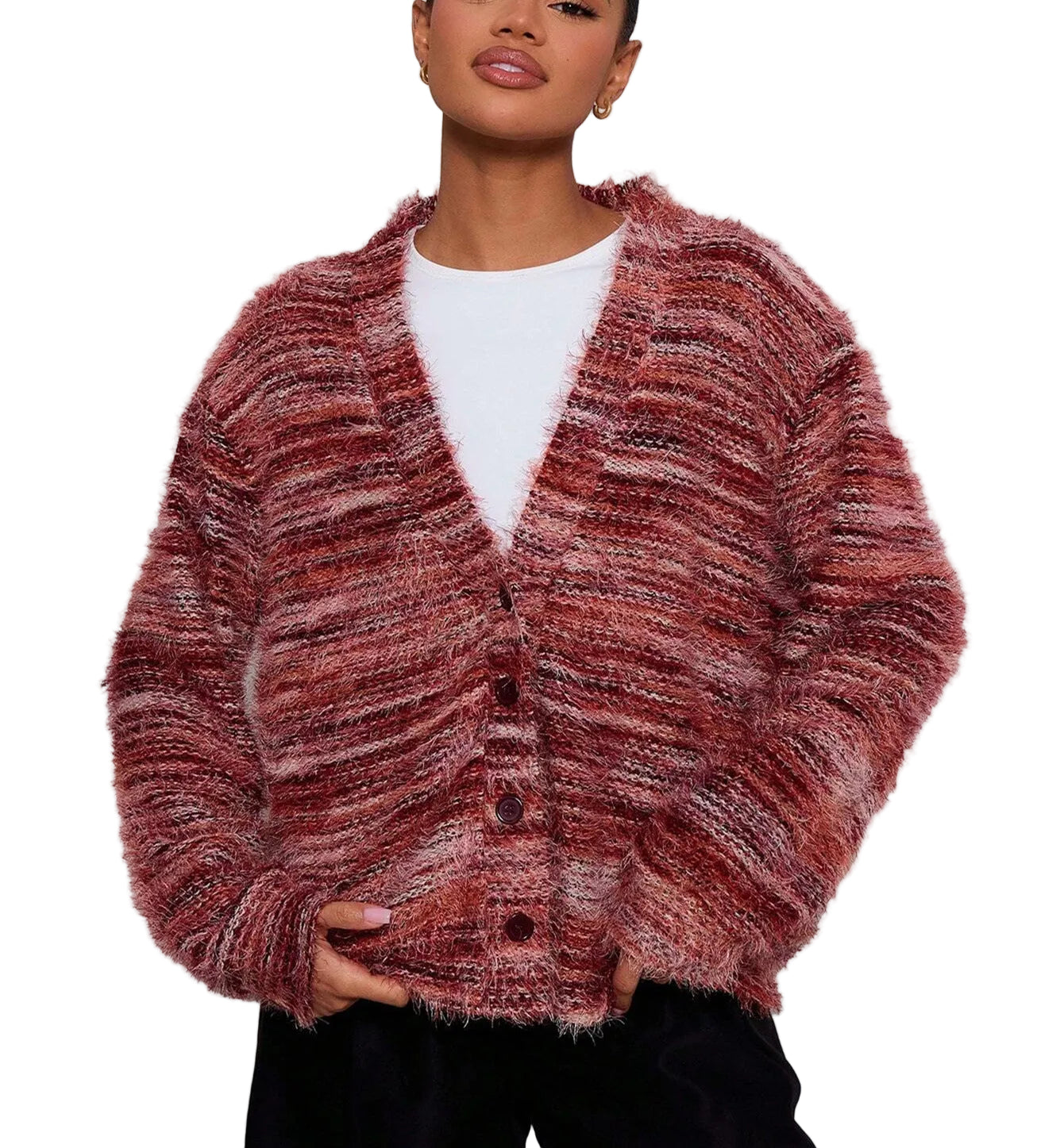 Striped V-Neck Knit Cardigan – Long Sleeve Cropped Sweater