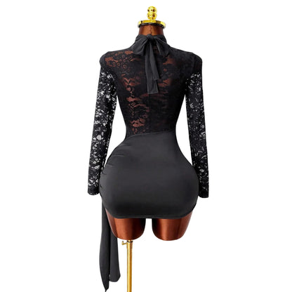 Elegant Lace Mesh Fitted Dress with Tie-Back Neckline