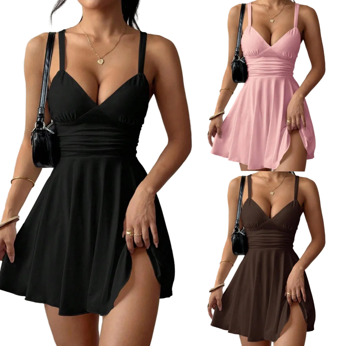 Women's Solid Color Casual Strap V-Neck Formal Dress