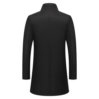 Classic Men’s Stand-Collar Wool Overcoat – Mid Length