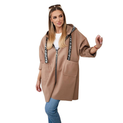 Women’s Plus-Size Hooded Woolen Coat – Long Sleeve Zip-Up Sports Style