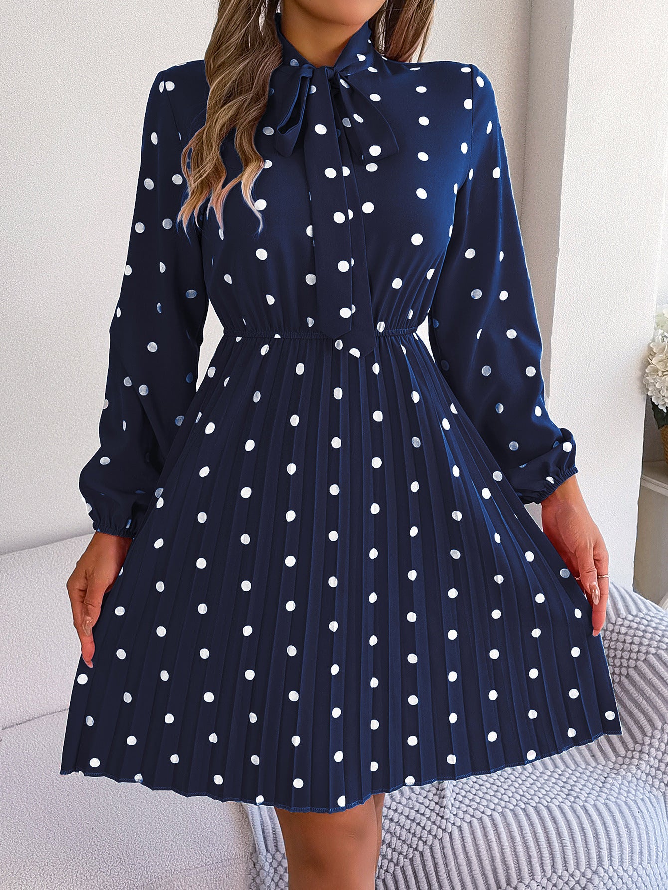 Women’s Polka Dot Pleated Dress – Self-Tie Waist & Long Sleeves
