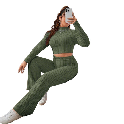 Women’s Autumn & Winter Two-Piece Set – Solid Color Slim Fit Top & Pants Outfit