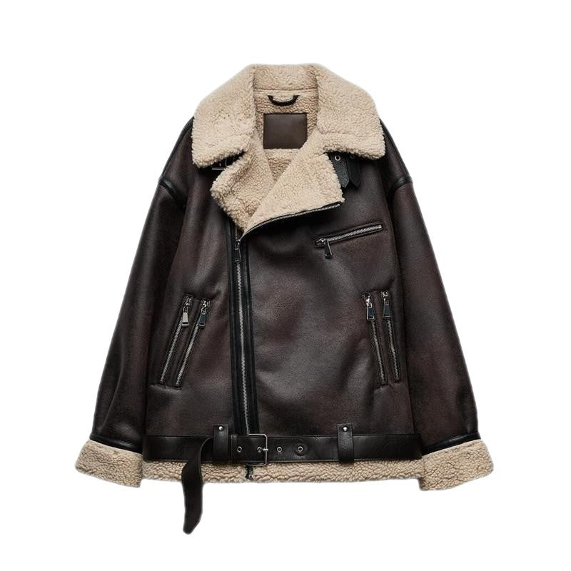 Women’s Suede Fur-Integrated Motorcycle Jacket