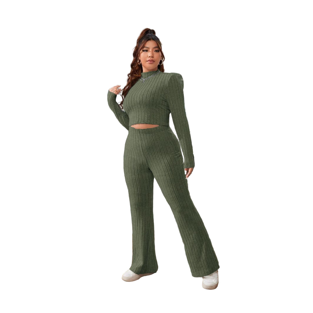Women’s Autumn & Winter Two-Piece Set – Solid Color Slim Fit Top & Pants Outfit