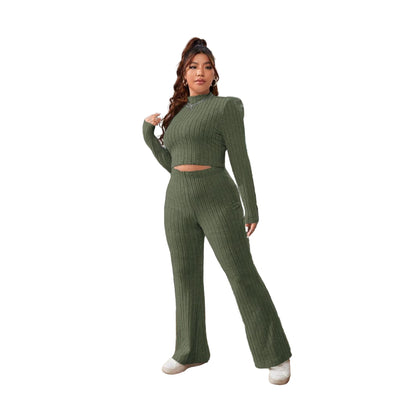 Women’s Autumn & Winter Two-Piece Set – Solid Color Slim Fit Top & Pants Outfit