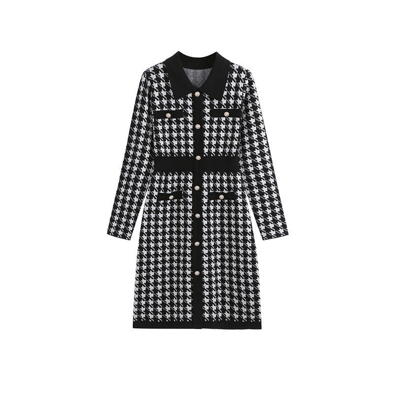 Elegant Checkered Long Sleeve Flared Dress