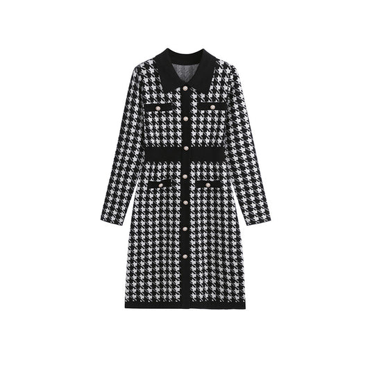 Elegant Checkered Long Sleeve Flared Dress