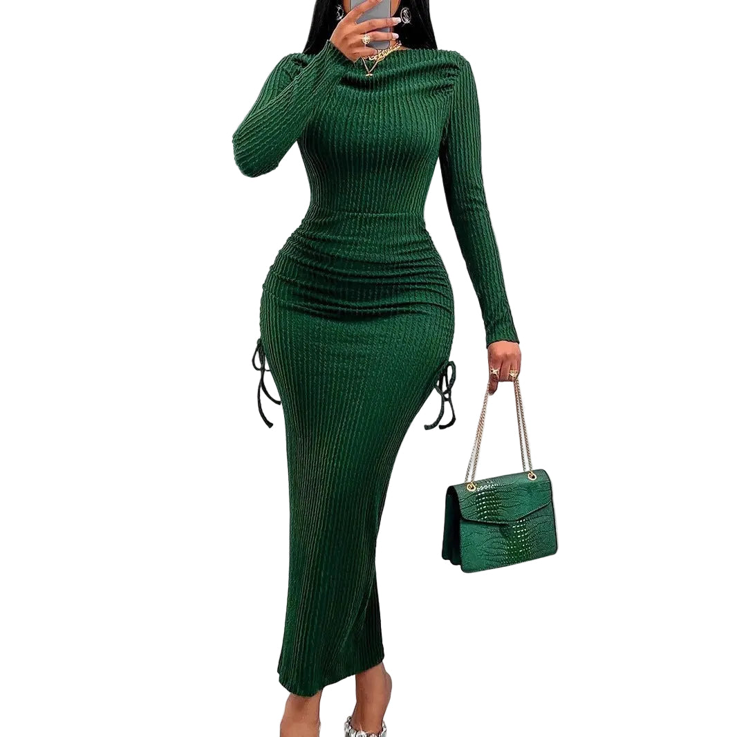 Elegant Women's High Neck Long Sleeve Fitted Ruched Drawstring Bodycon Dress