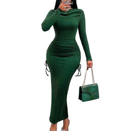 Elegant Women's High Neck Long Sleeve Fitted Ruched Drawstring Bodycon Dress