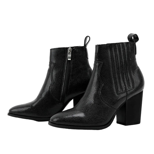 Fashion Pointed Toe Snakeskin Ankle Boots – Chunky Heel