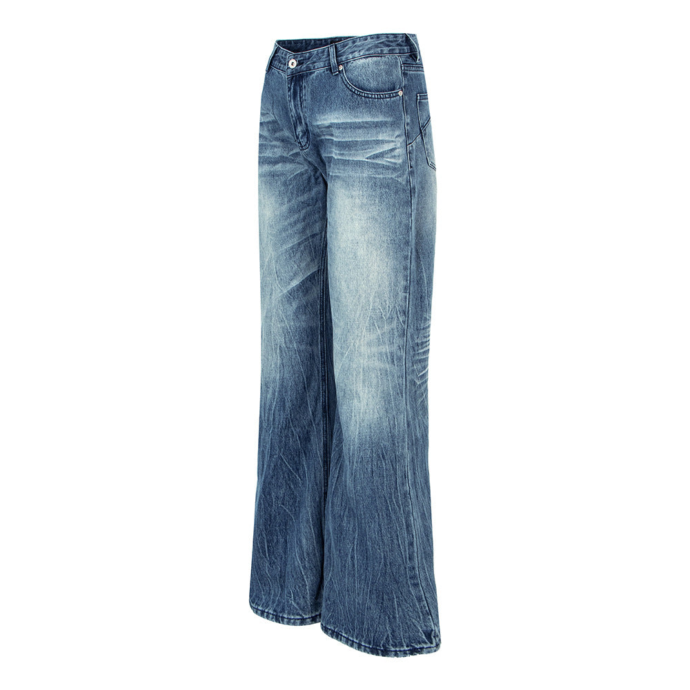 Retro Crack Tree Pattern Heavy Washed Denim Pants