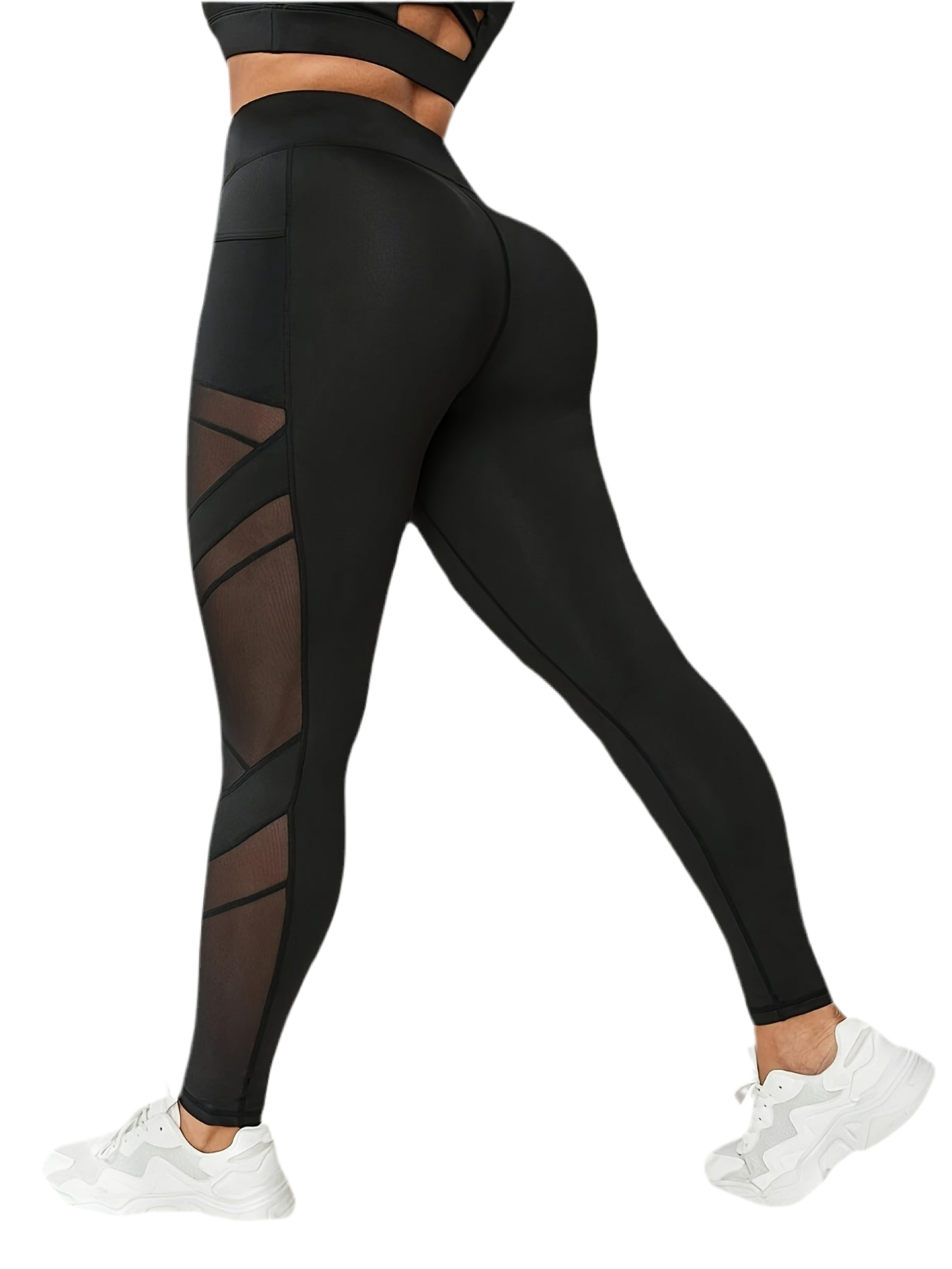 Plus Size Women's High-Waist Yoga Leggings with Mesh Panels - Stretchy & Breathable Polyester/Spandex Blend, Non-See-Through Leggings